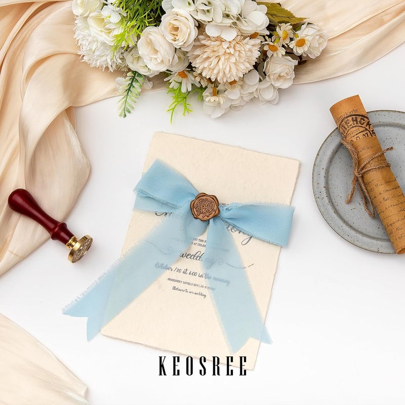 KEOSREE 3 Rolls Light Blue Handmade Chiffon Ribbon,1.5" x 21Yd Frayed Fringe Silk Ribbons (3 Rolls *7Yd) for Gifts Wrapping, Wedding Invitations, Bridal Bouquets, Decorations - Image 5